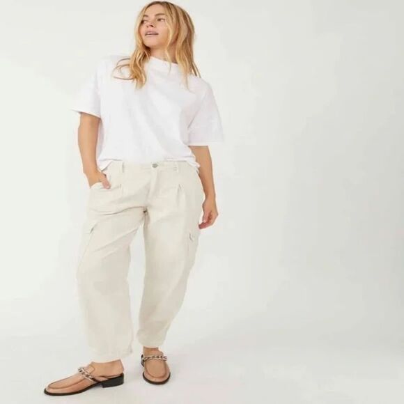 Free People First Light Utility Cargo Pant ALMOND MILK cream wide leg size 12 - Picture 15 of 15